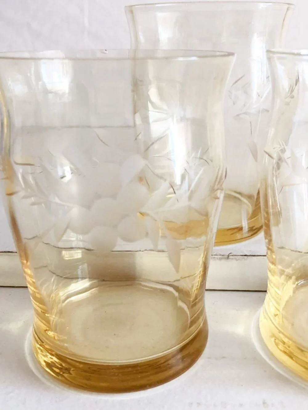 Antique Macbeth Evens Yellow Grapevine Etched Juice Glasses Set of 4